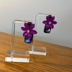 Purple rhinestone and leather flower earrings